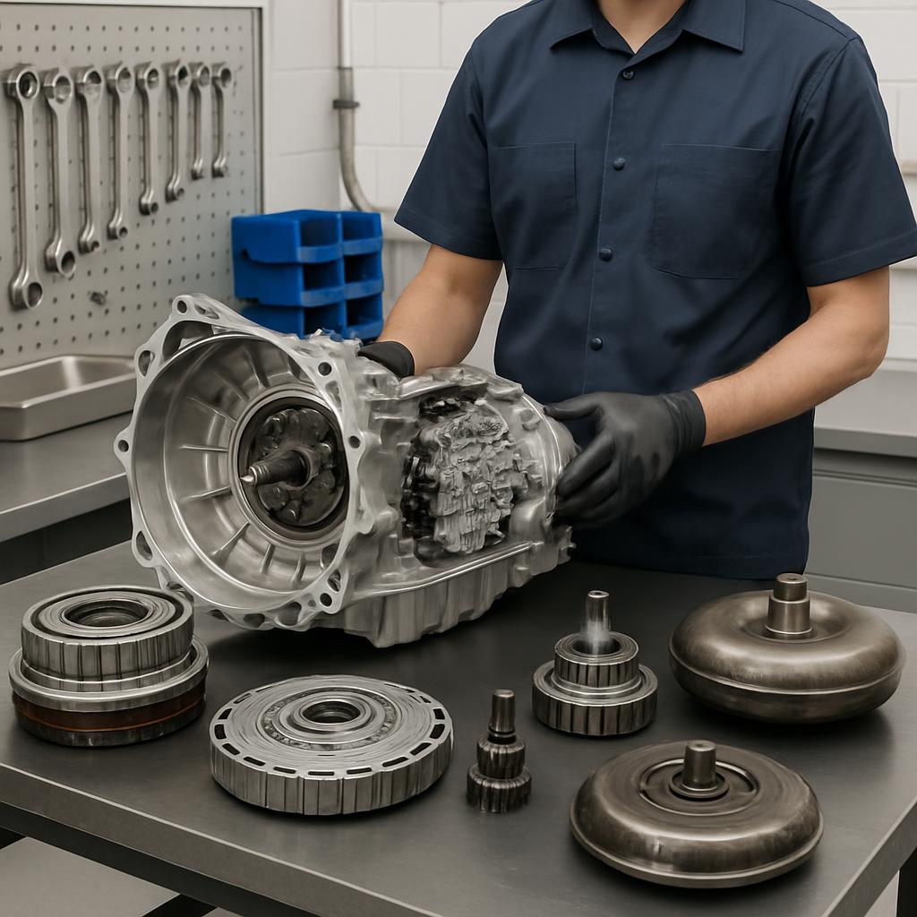 Here is the alt text below: mechanics workbench with gears, metal parts and wrenches.